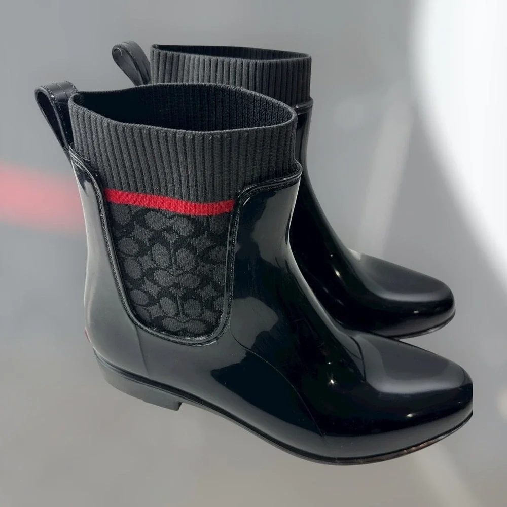Coach Rivington Rain Boot Coach Signature Logo Shoes Black Booties Womens Size 9 - Picture 1 of 14